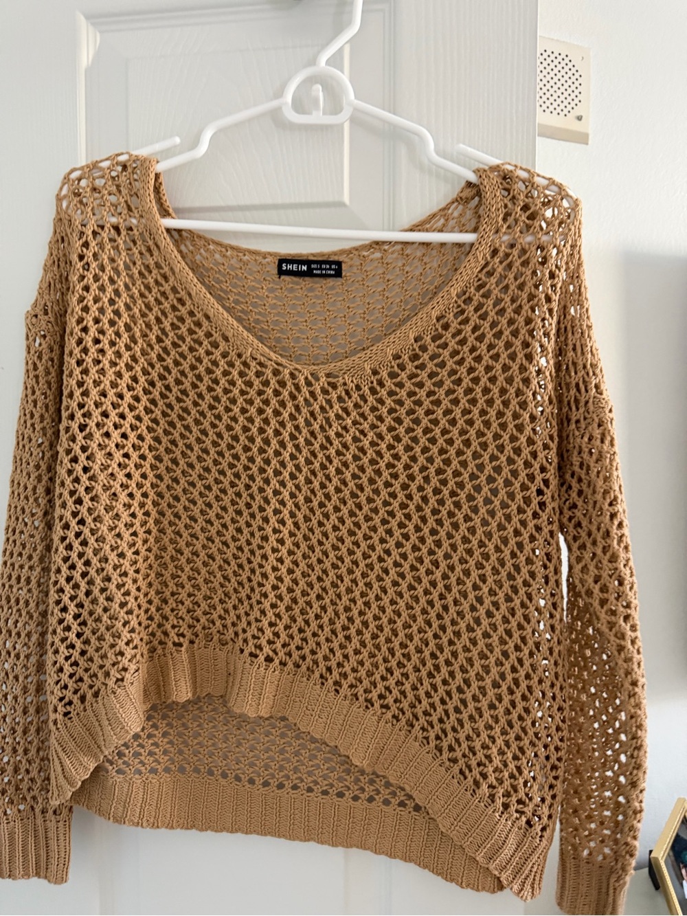 SHEIN Open-Knit Scoop Neck Sweater - Camel Brown